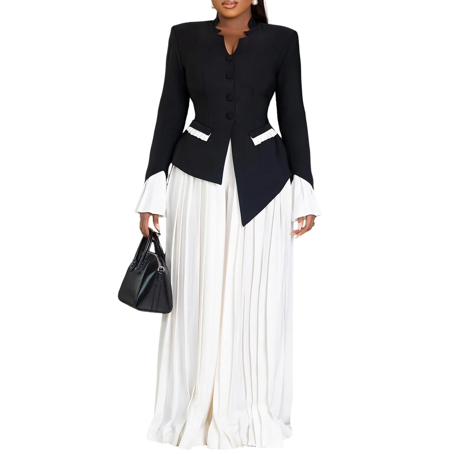 Elegant Bell-Sleeve Blazer and Pleated Wide-Leg Pants Two-Piece Set