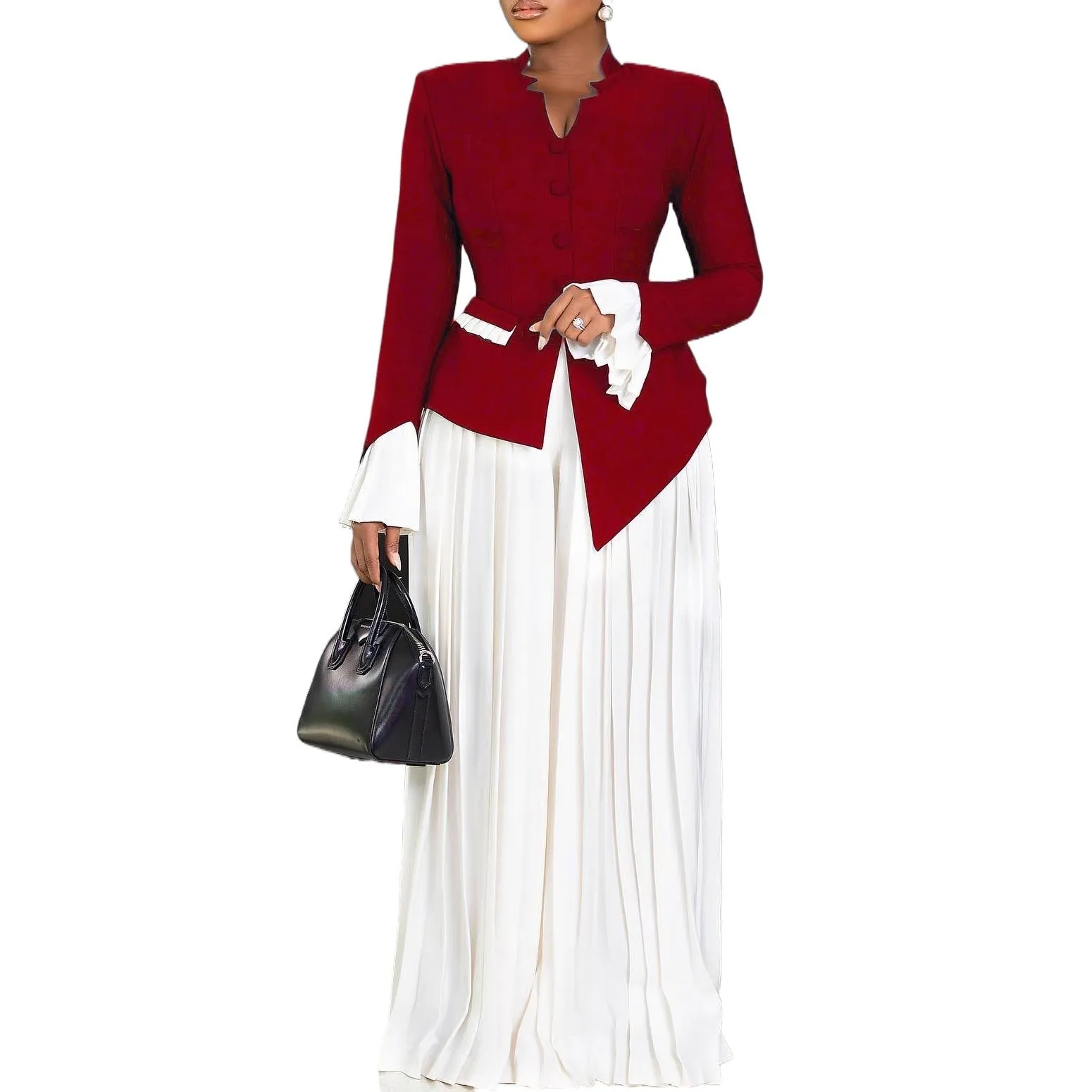 Elegant Bell-Sleeve Blazer and Pleated Wide-Leg Pants Two-Piece Set