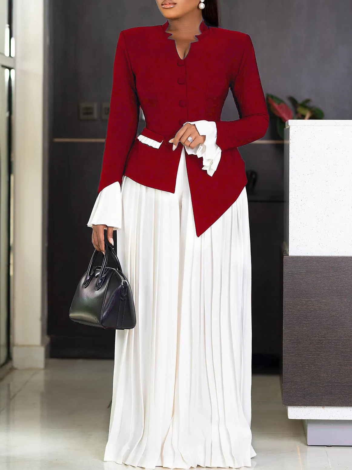 Elegant Bell-Sleeve Blazer and Pleated Wide-Leg Pants Two-Piece Set