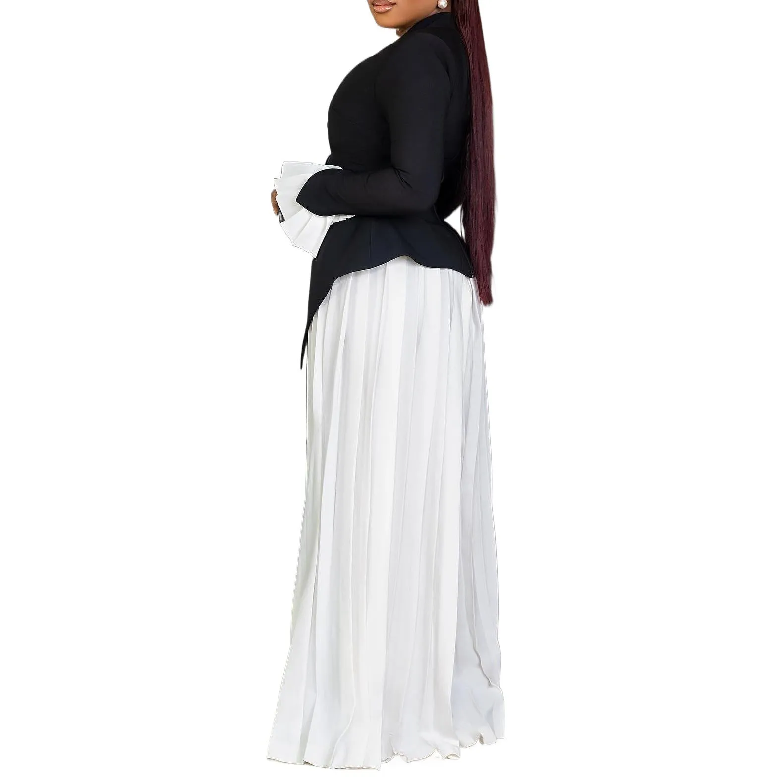 Elegant Bell-Sleeve Blazer and Pleated Wide-Leg Pants Two-Piece Set