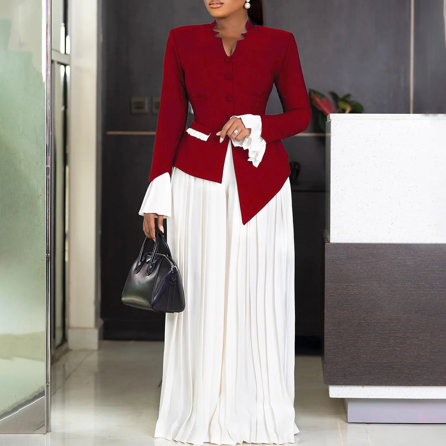 Elegant Bell-Sleeve Blazer and Pleated Wide-Leg Pants Two-Piece Set
