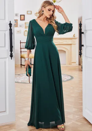 Elegant Flowing Chiffon Gown with Sheer Sleeves and Deep V-Neck