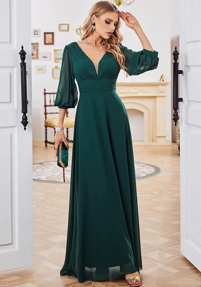 Elegant Flowing Chiffon Gown with Sheer Sleeves and Deep V-Neck