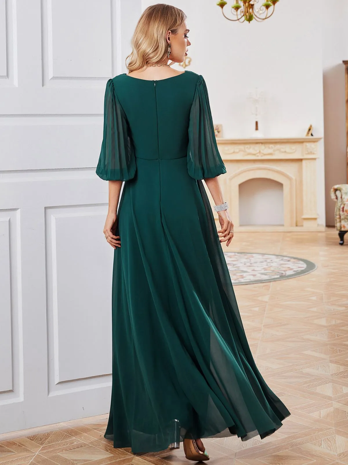 Elegant Flowing Chiffon Gown with Sheer Sleeves and Deep V-Neck
