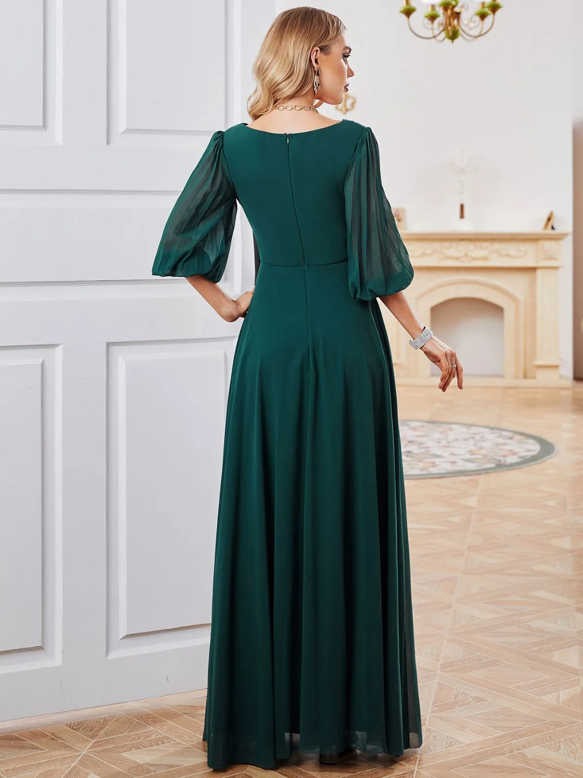 Elegant Flowing Chiffon Gown with Sheer Sleeves and Deep V-Neck