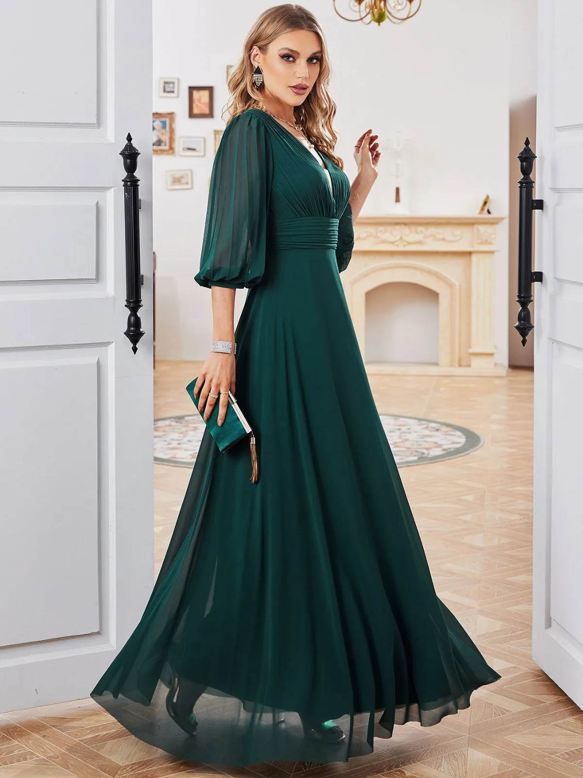 Elegant Flowing Chiffon Gown with Sheer Sleeves and Deep V-Neck