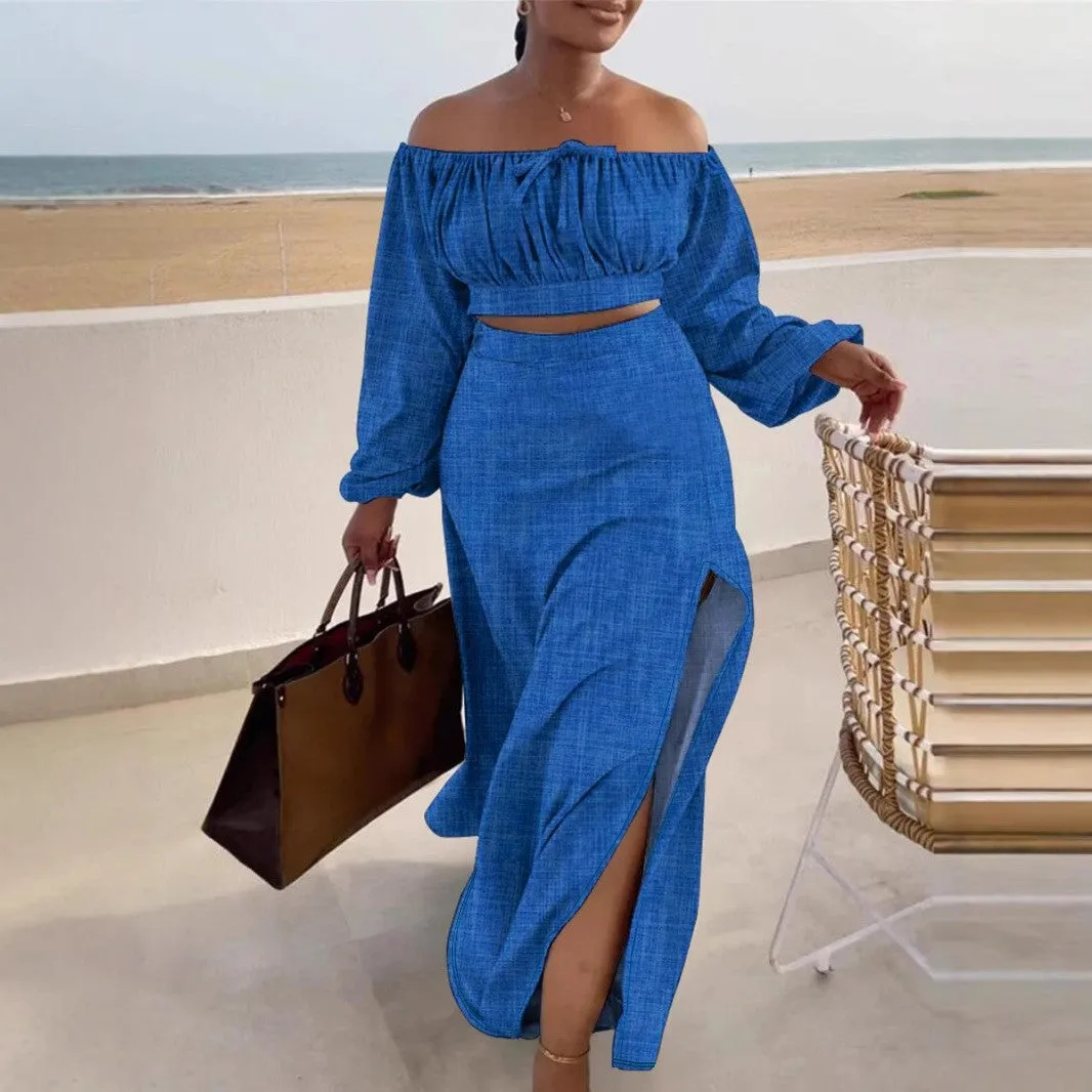 Elegant Off-Shoulder Long Sleeve Crop Top and Slit Maxi Skirt Set