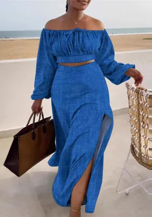 Elegant Off-Shoulder Long Sleeve Crop Top and Slit Maxi Skirt Set