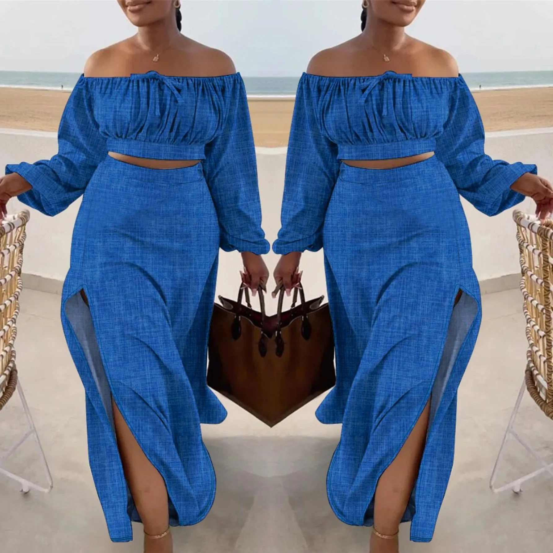 Elegant Off-Shoulder Long Sleeve Crop Top and Slit Maxi Skirt Set