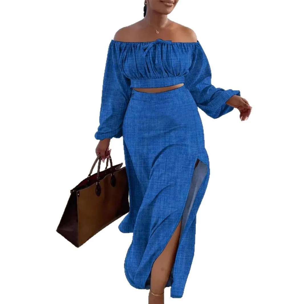 Elegant Off-Shoulder Long Sleeve Crop Top and Slit Maxi Skirt Set