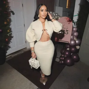 Elegant Two-Piece Cardigan and Bodycon Skirt Set with Statement Details