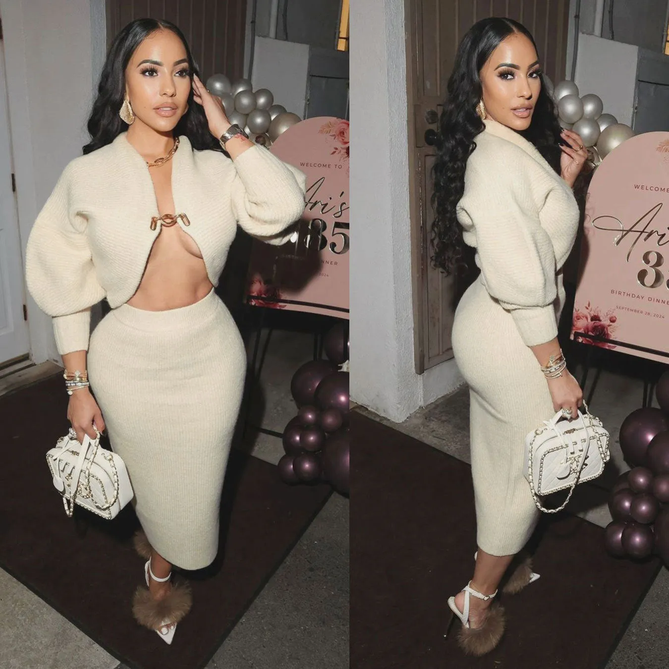 Elegant Two-Piece Cardigan and Bodycon Skirt Set with Statement Details