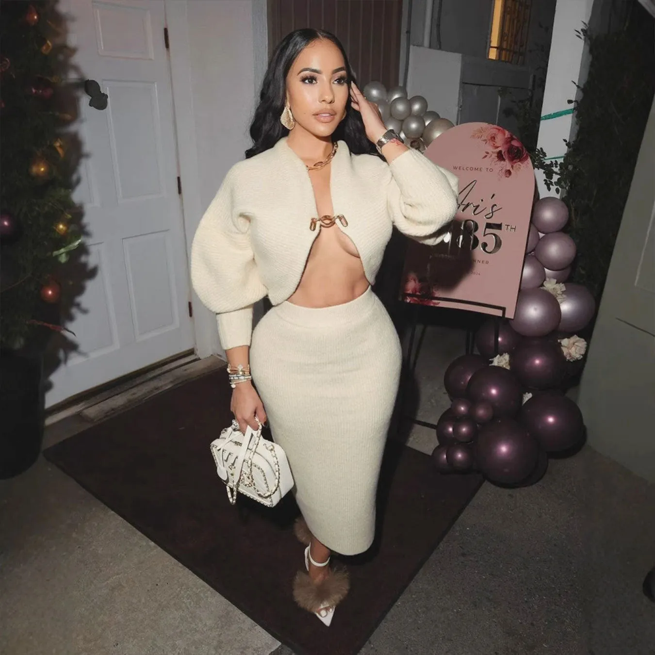 Elegant Two-Piece Cardigan and Bodycon Skirt Set with Statement Details