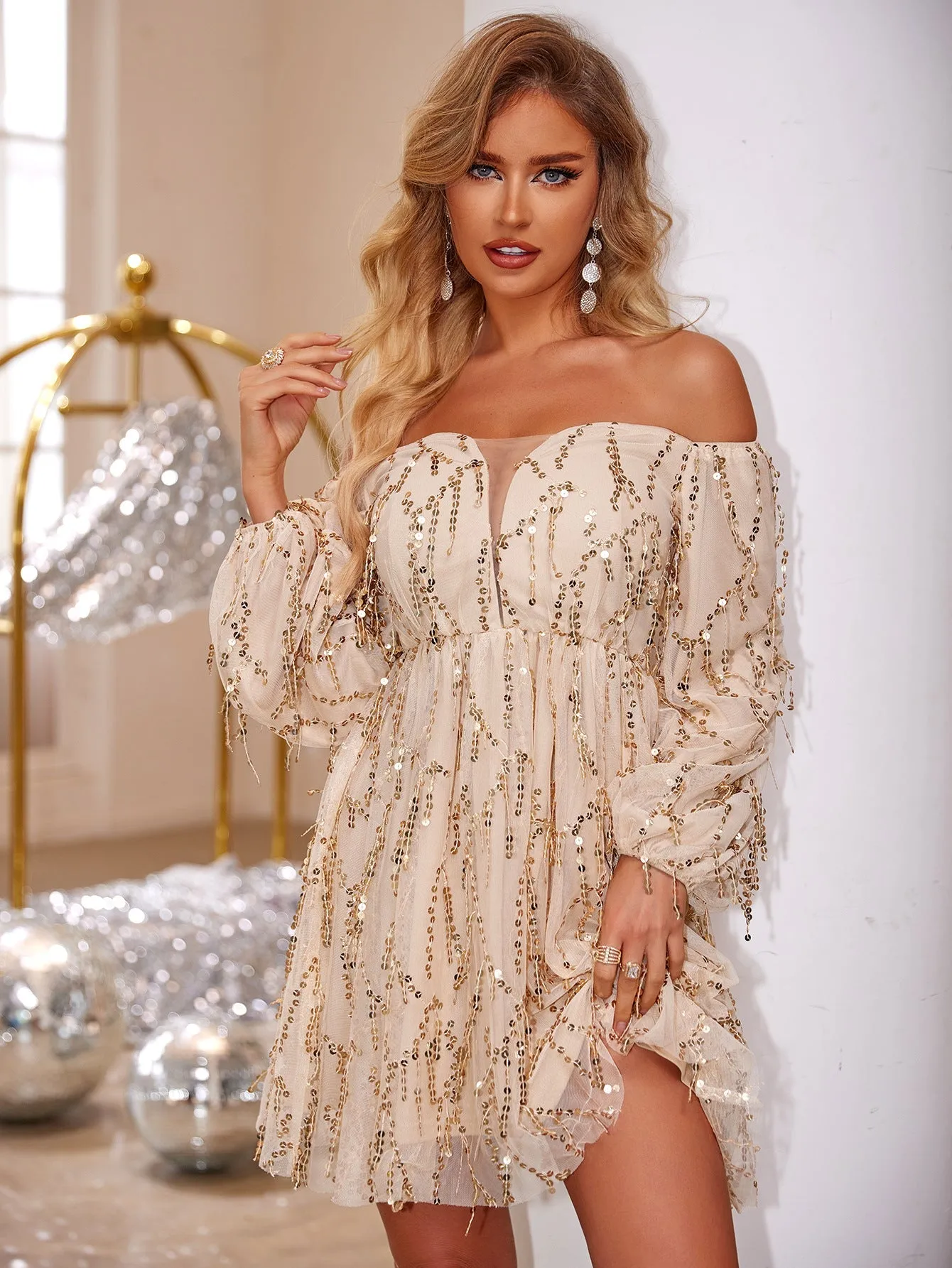 Ethereal Off-Shoulder Sequin Long Sleeve Party Dress
