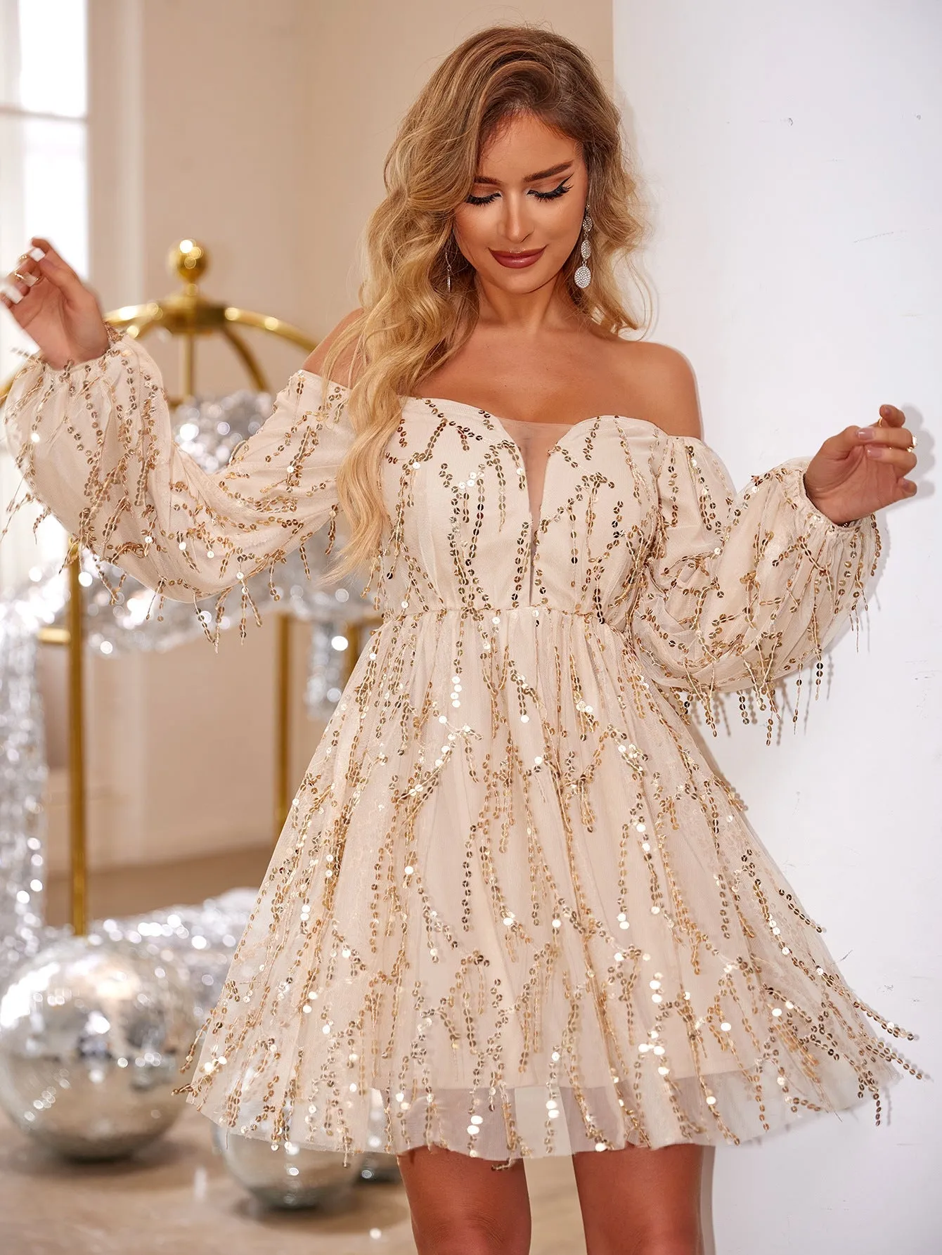 Ethereal Off-Shoulder Sequin Long Sleeve Party Dress