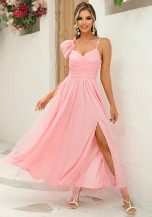 Ethereal One-Shoulder Mesh Flowy Slit Maxi Dress