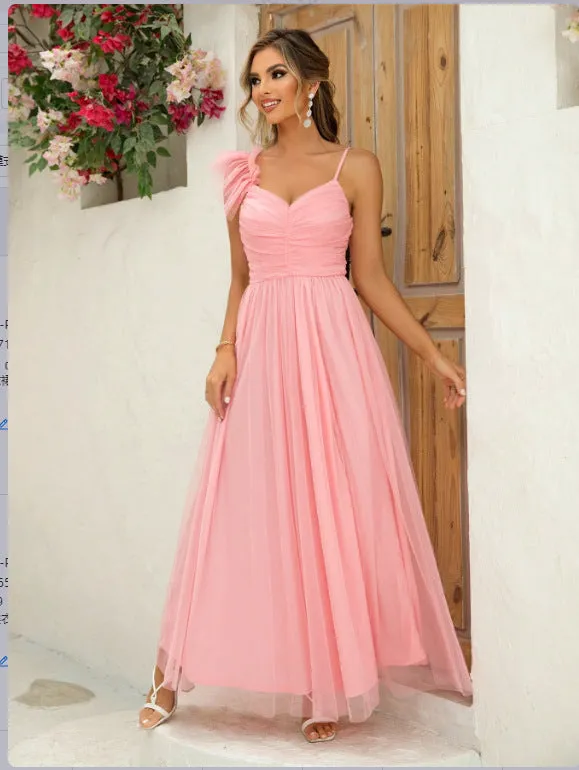 Ethereal One-Shoulder Mesh Flowy Slit Maxi Dress