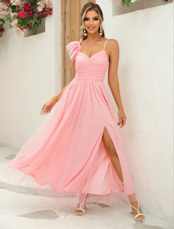 Ethereal One-Shoulder Mesh Flowy Slit Maxi Dress