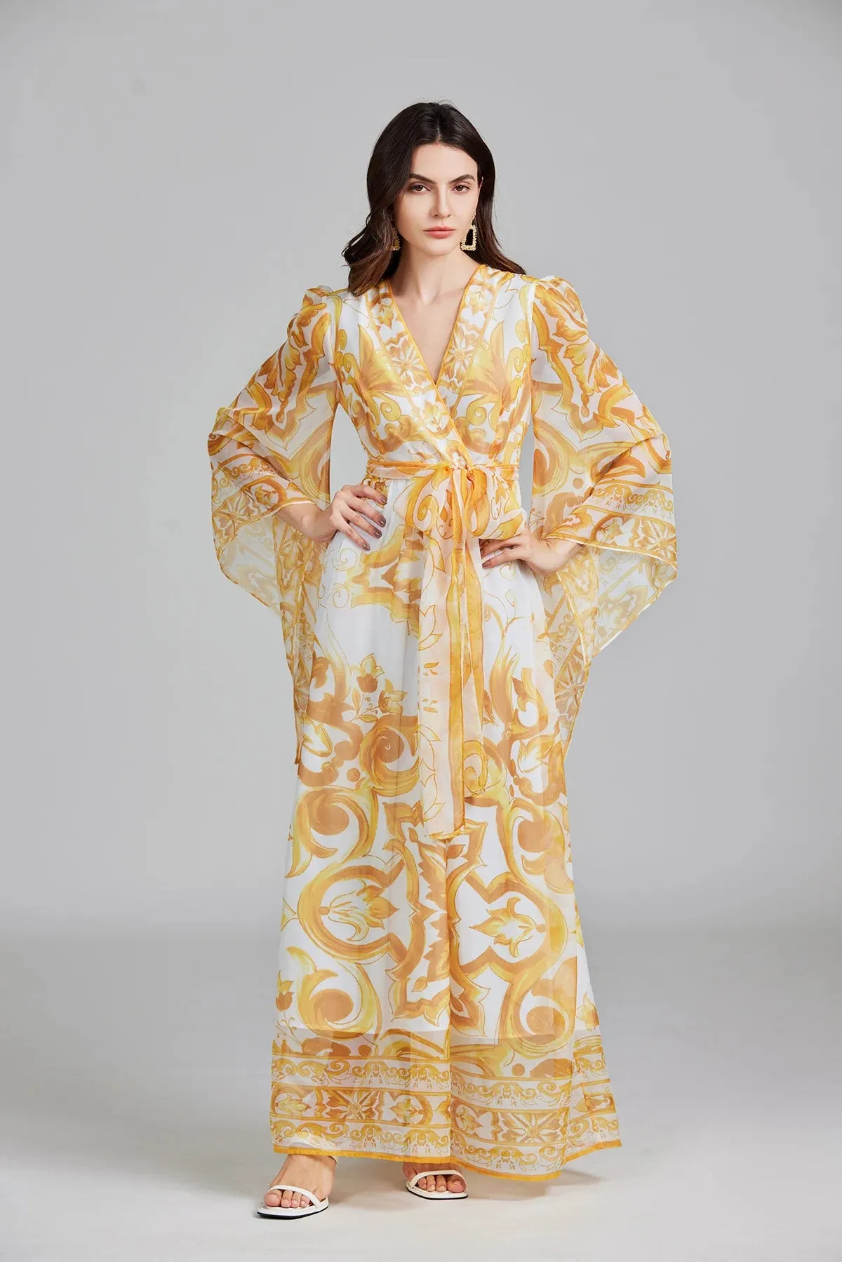 Ferina Flower Print Chiffon Flowy Maxi Dress
