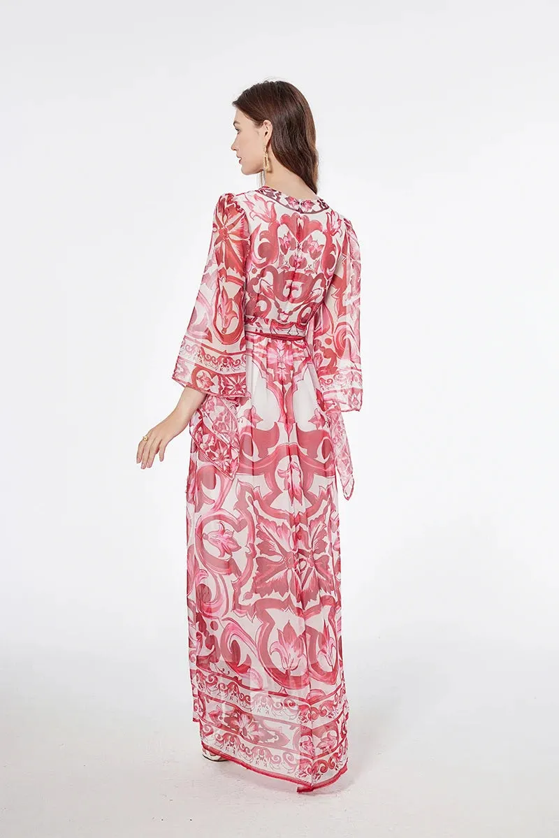 Ferina Flower Print Chiffon Flowy Maxi Dress