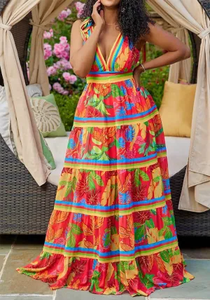 Flowy Plus Size Printed V-Neck Strap Maxi Dress for Effortless Elegance