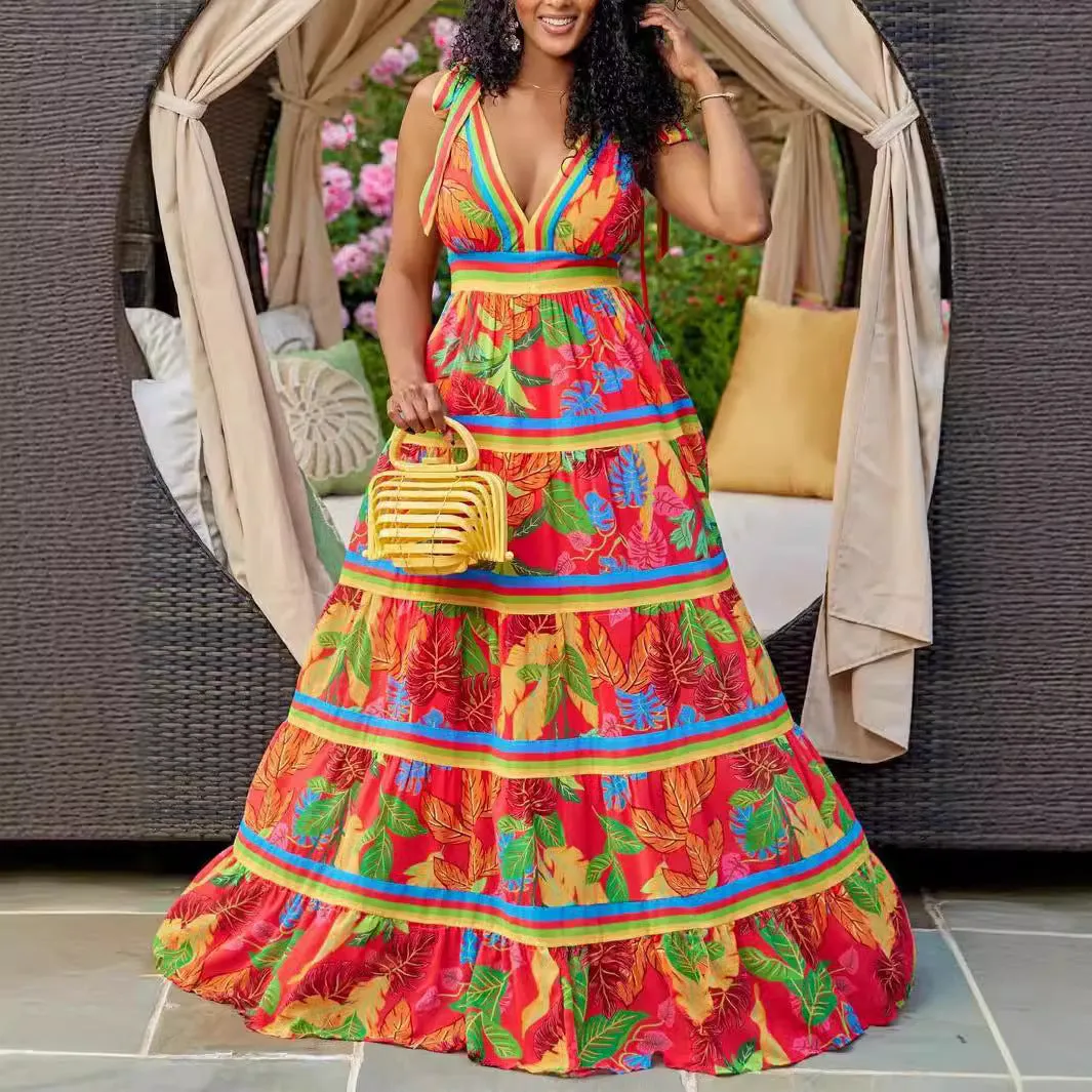 Flowy Plus Size Printed V-Neck Strap Maxi Dress for Effortless Elegance