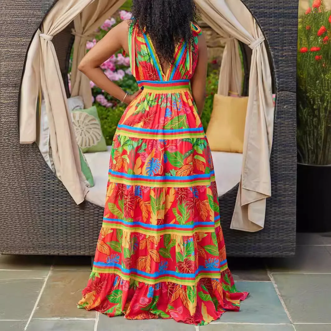Flowy Plus Size Printed V-Neck Strap Maxi Dress for Effortless Elegance