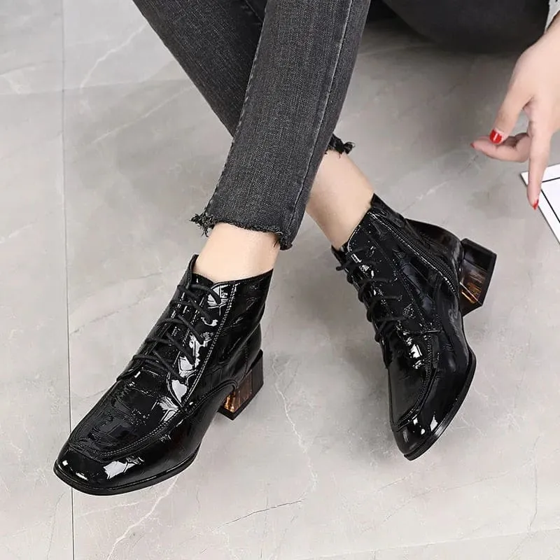 Genuine Leather Soft Patent Square Heels Autumn/Winter Women Short Boots