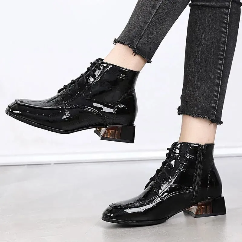 Genuine Leather Soft Patent Square Heels Autumn/Winter Women Short Boots
