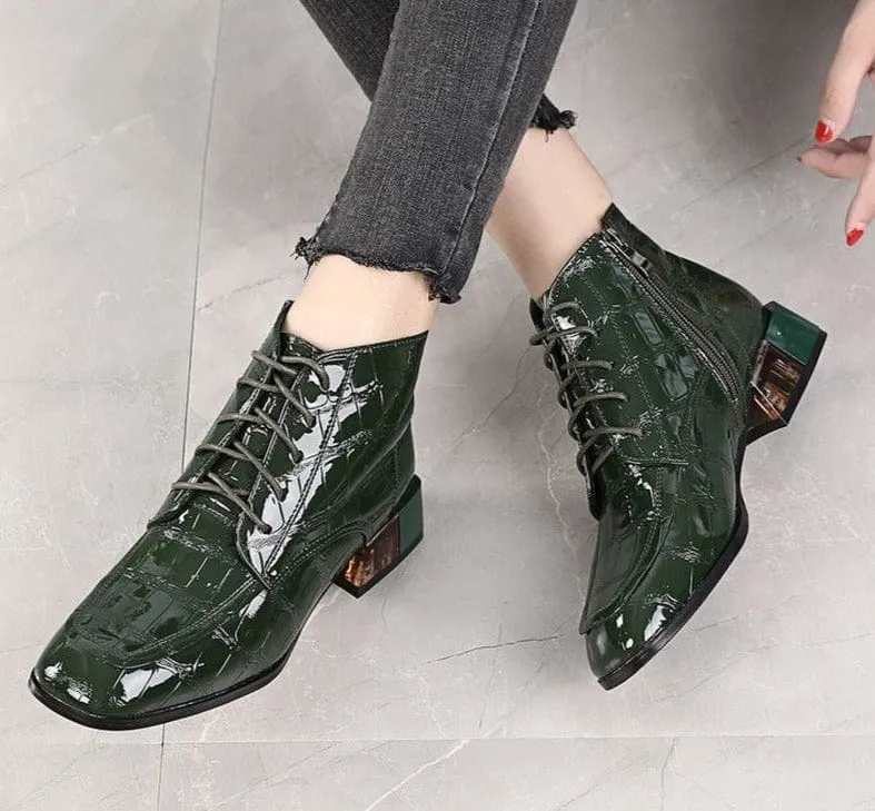Genuine Leather Soft Patent Square Heels Autumn/Winter Women Short Boots
