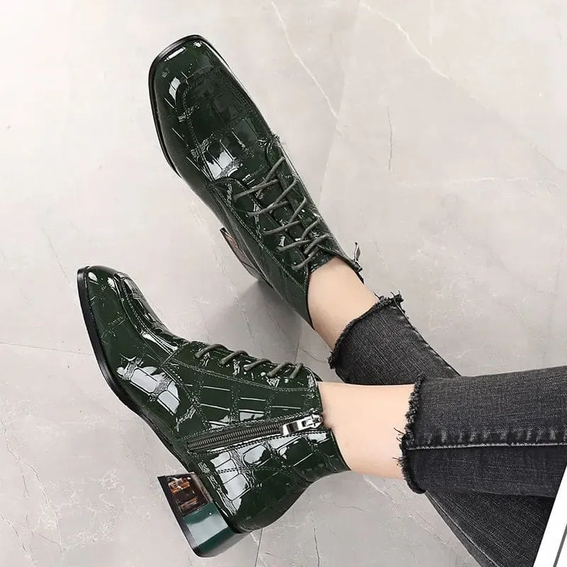 Genuine Leather Soft Patent Square Heels Autumn/Winter Women Short Boots