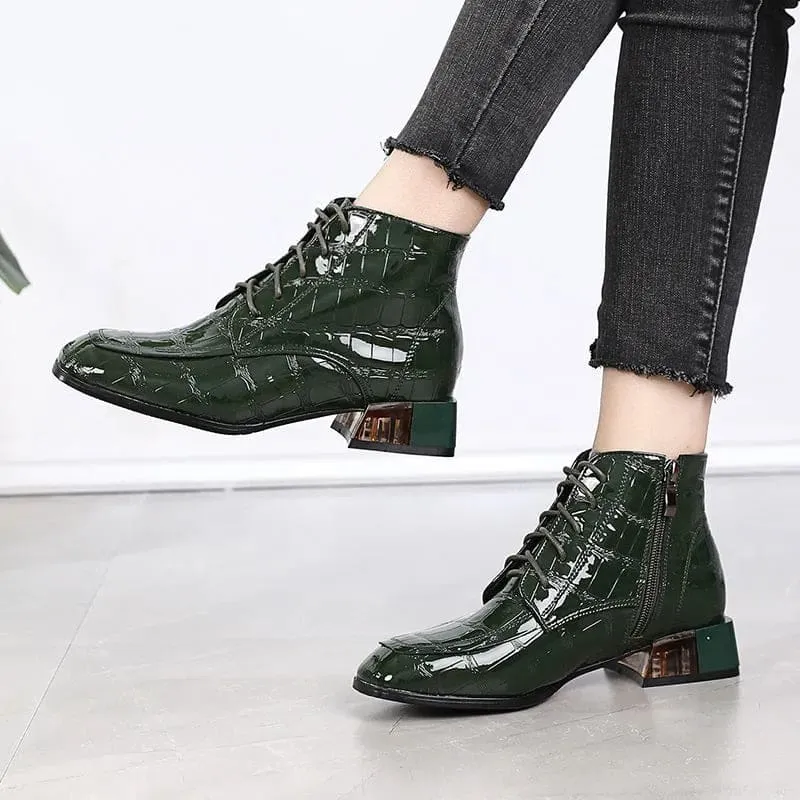 Genuine Leather Soft Patent Square Heels Autumn/Winter Women Short Boots
