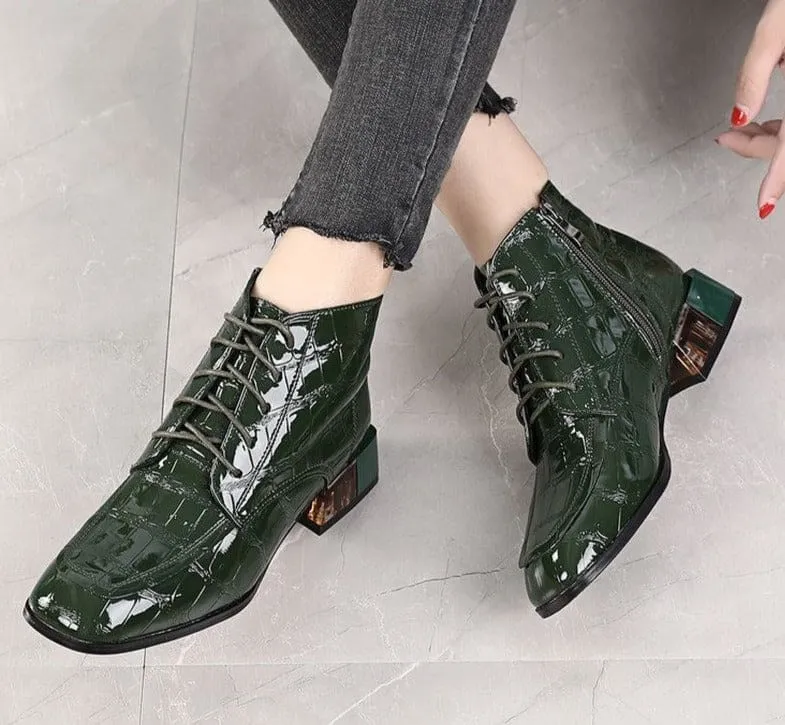 Genuine Leather Soft Patent Square Heels Autumn/Winter Women Short Boots