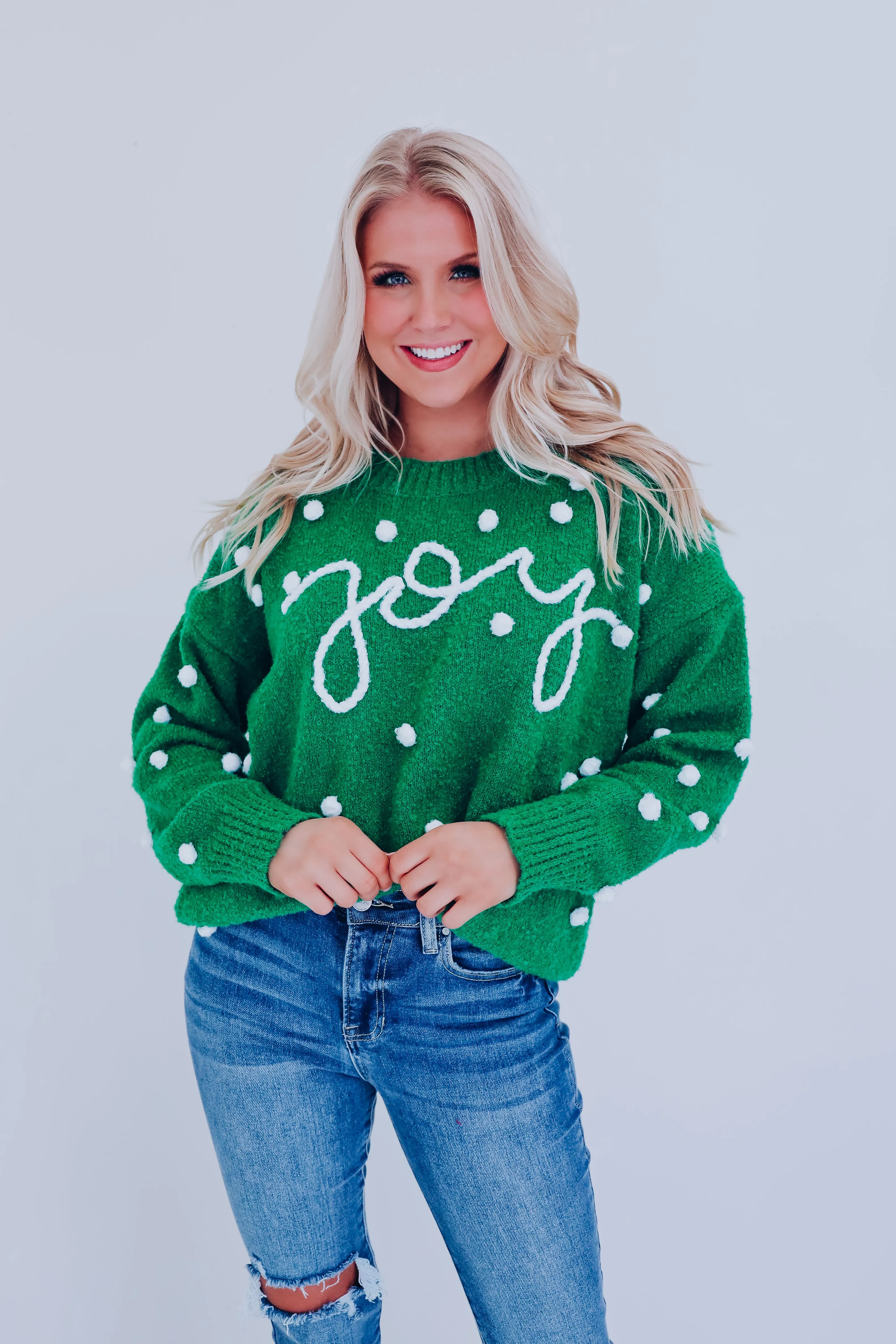 Joy Embroidered Pom Sweater - Green