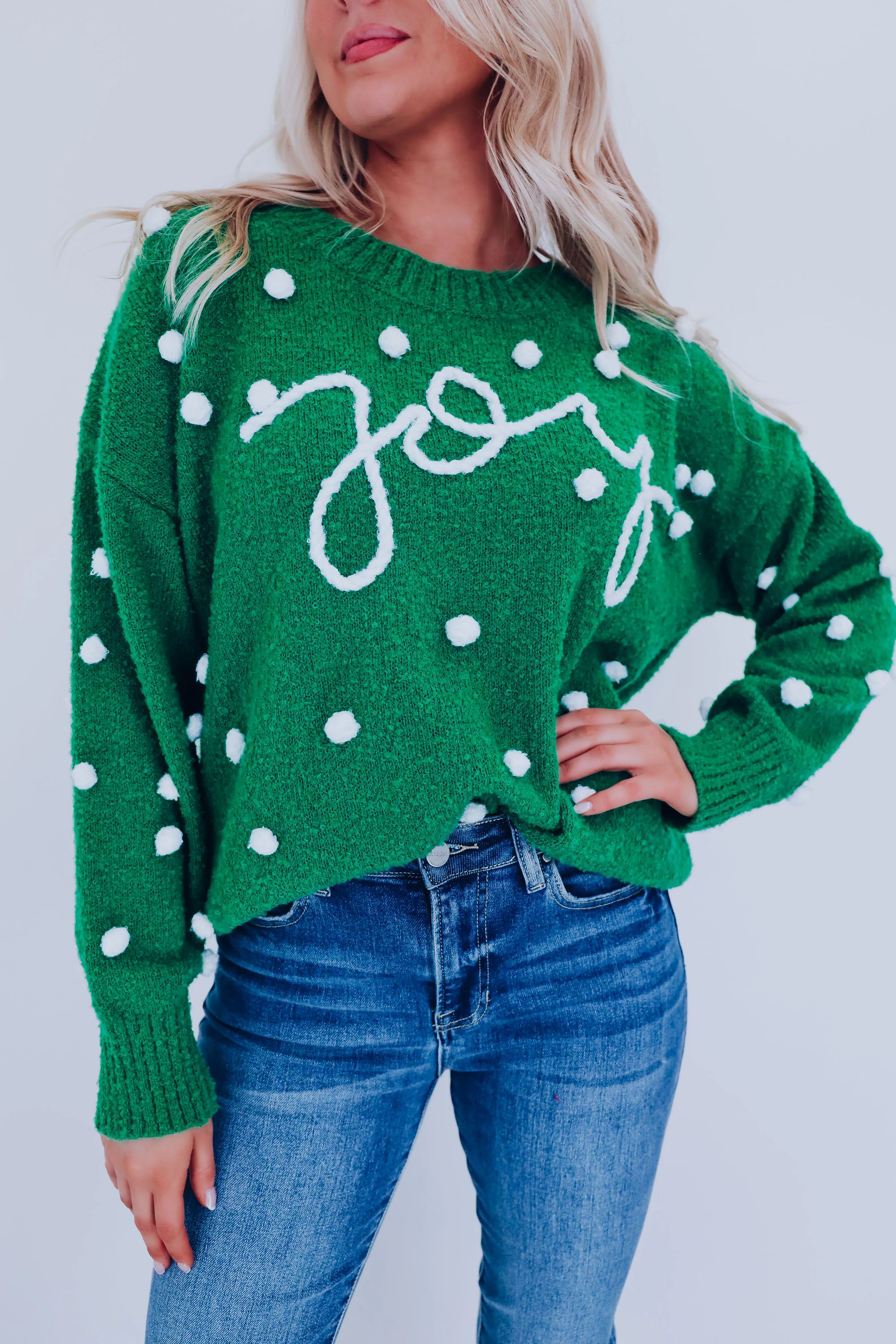 Joy Embroidered Pom Sweater - Green