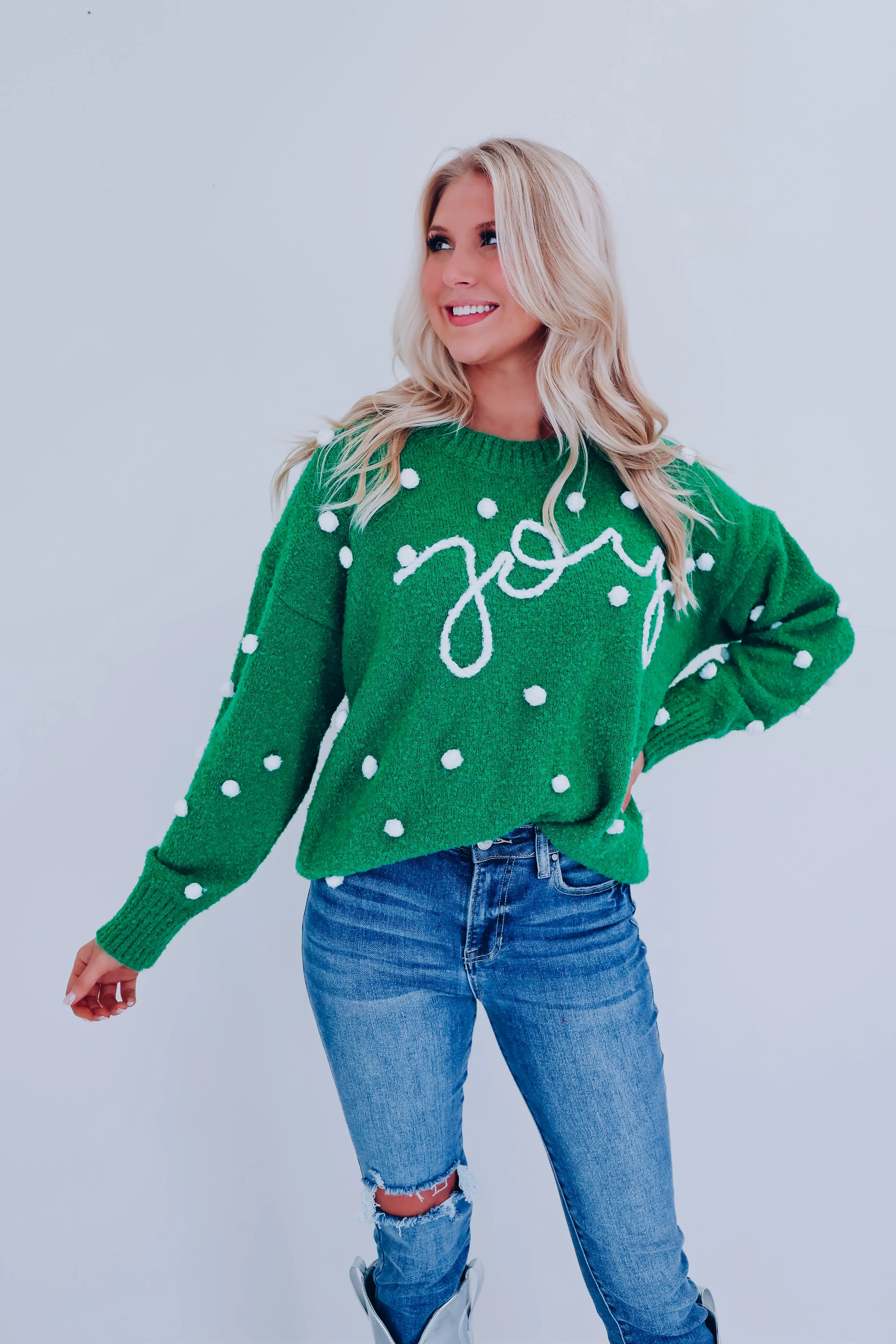 Joy Embroidered Pom Sweater - Green
