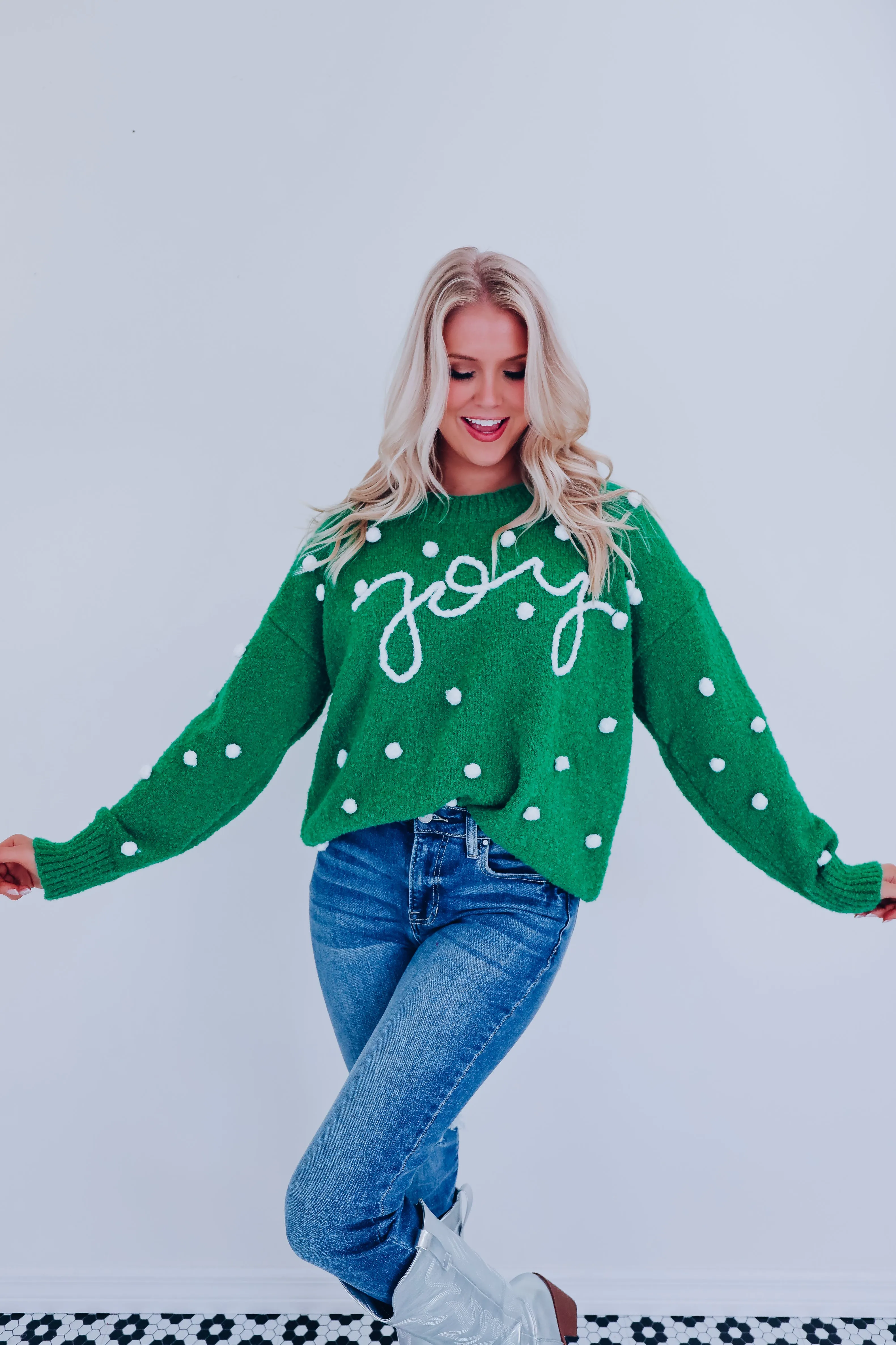 Joy Embroidered Pom Sweater - Green