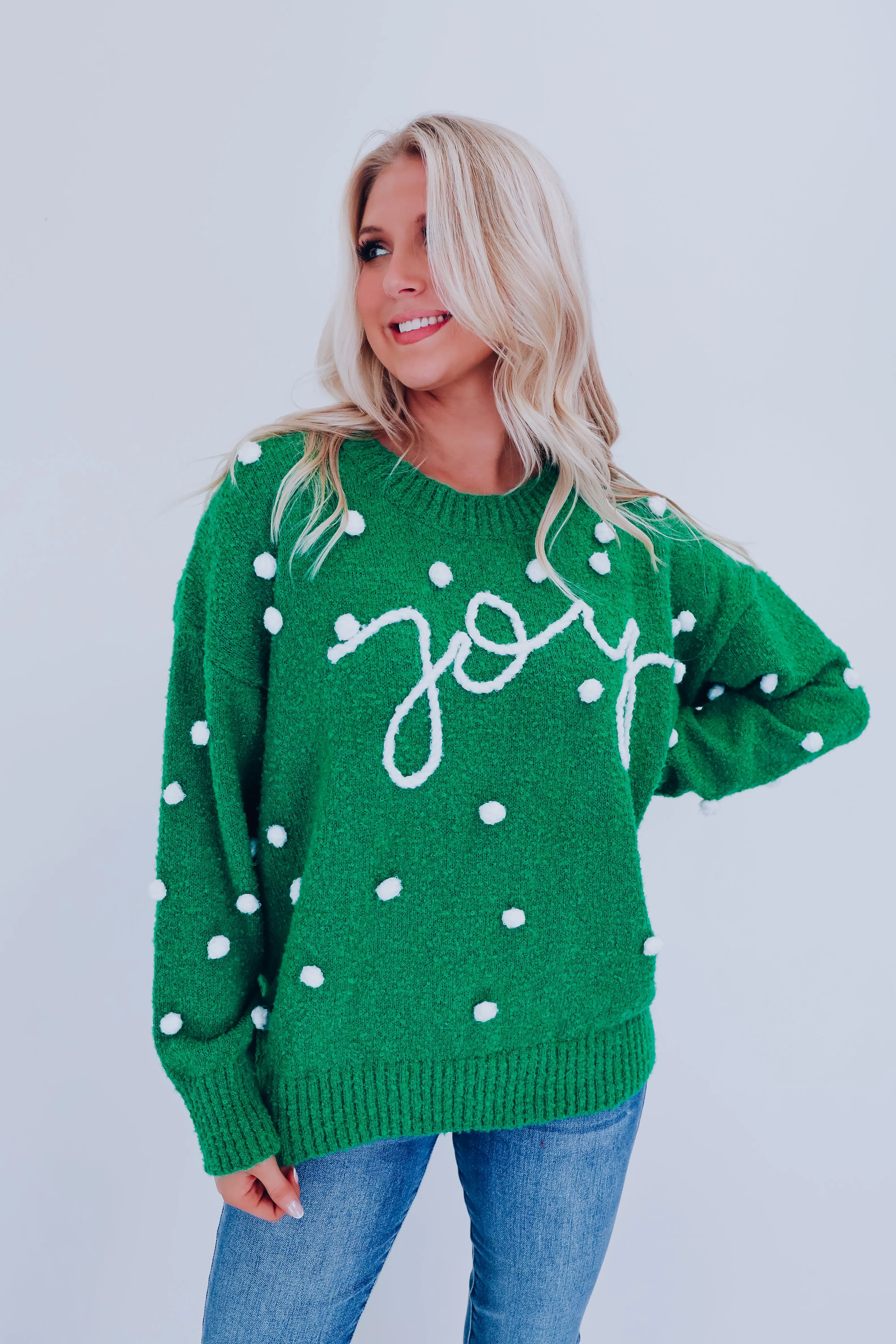 Joy Embroidered Pom Sweater - Green