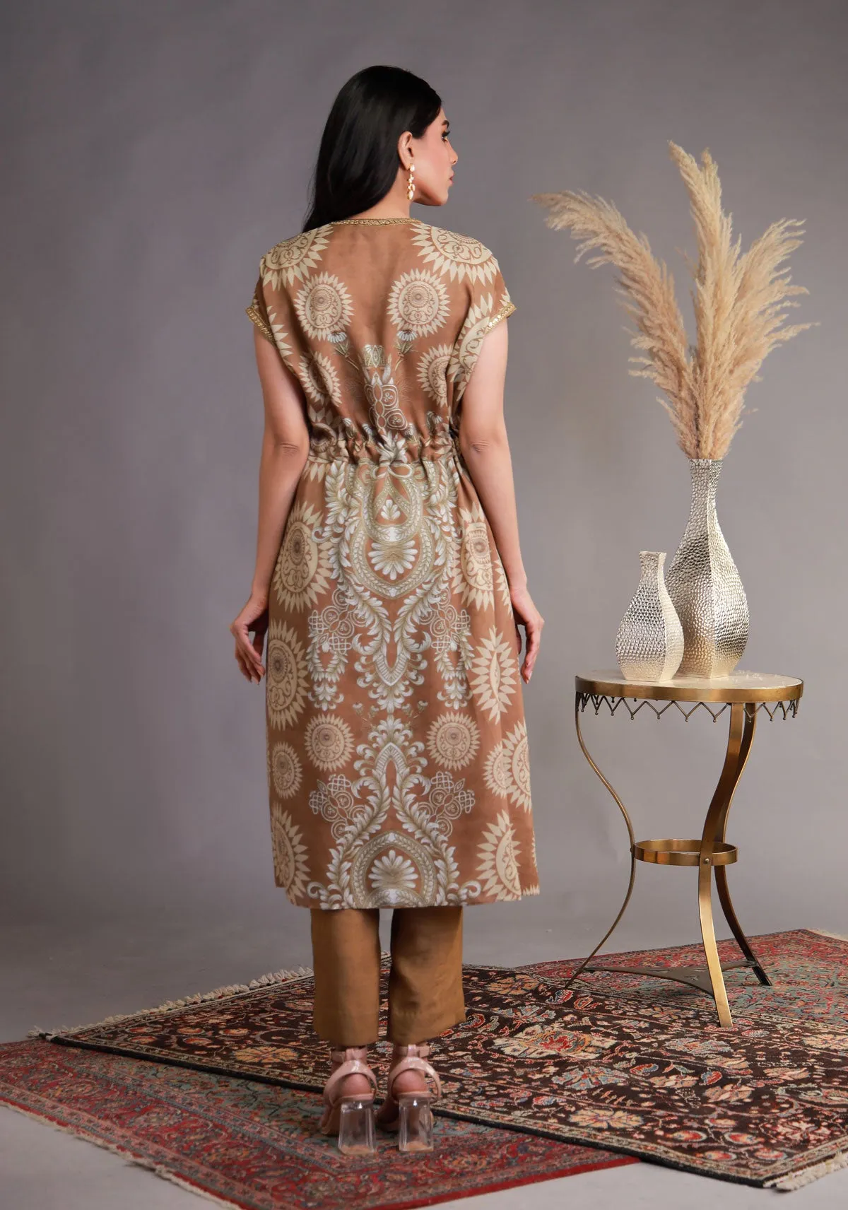 Knee-Length Tunic Beige with Matching Straight-Cut Trousers