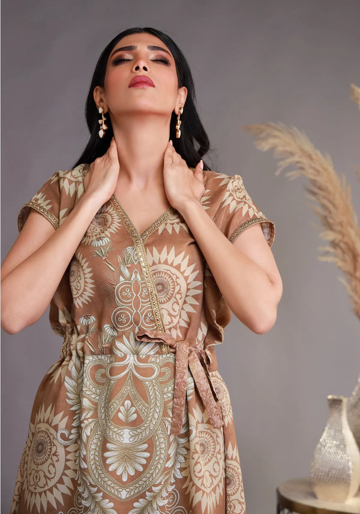 Knee-Length Tunic Beige with Matching Straight-Cut Trousers