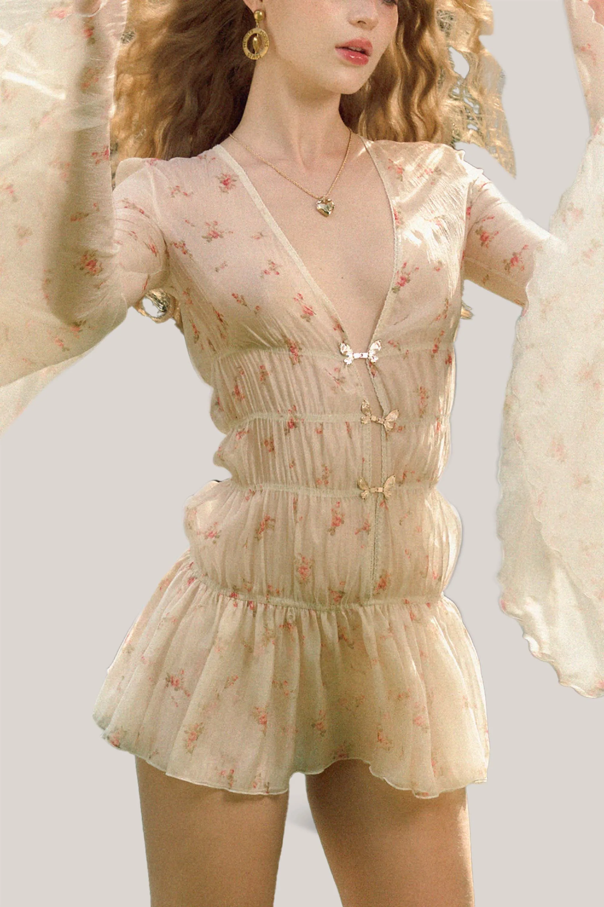 LA VIERGE • Florentine V-neck Smocking Mini Dress