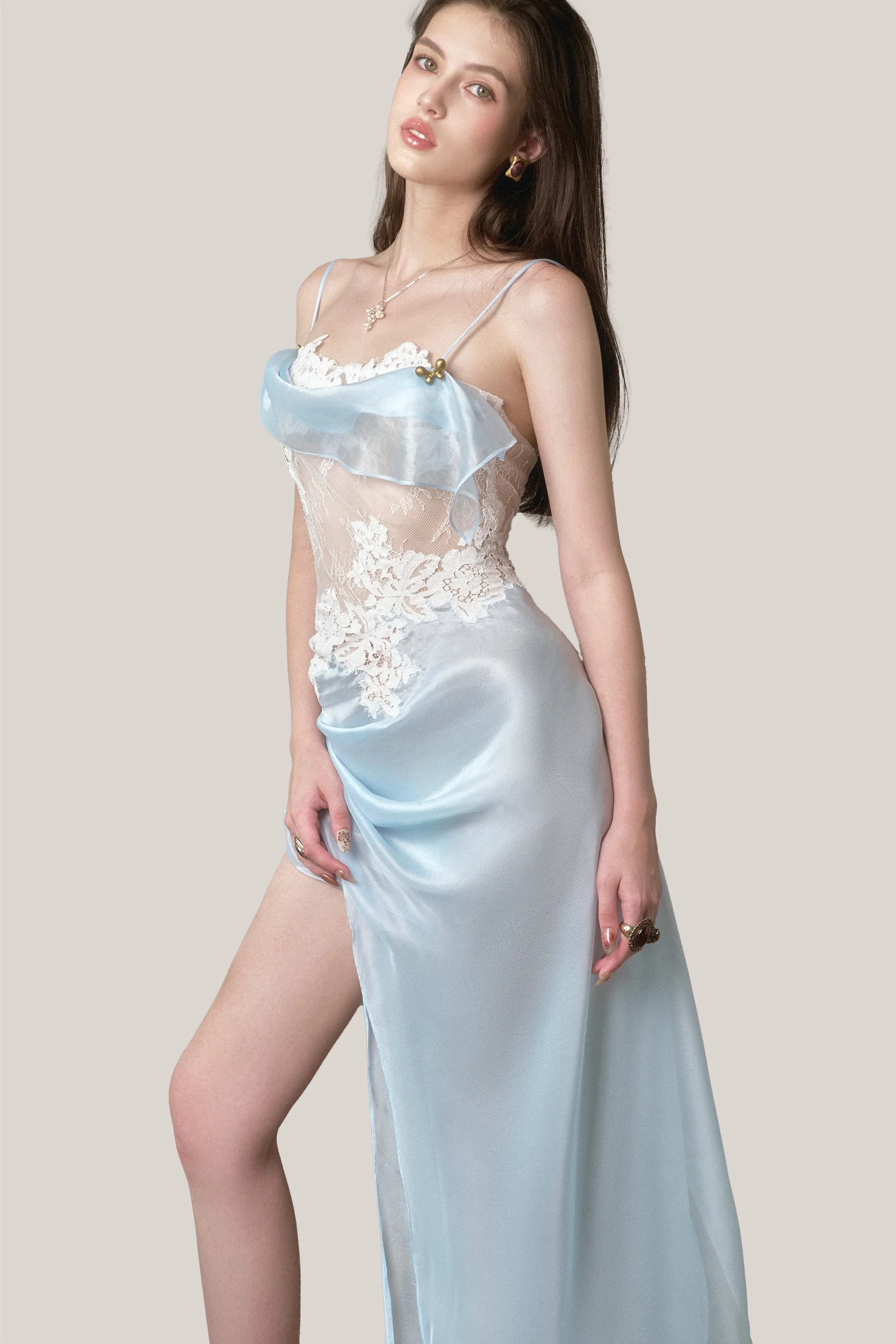 LA VIERGE • Light Blue Ventosa Asymmetrical Maxi Dress