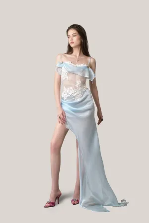 LA VIERGE • Light Blue Ventosa Asymmetrical Maxi Dress