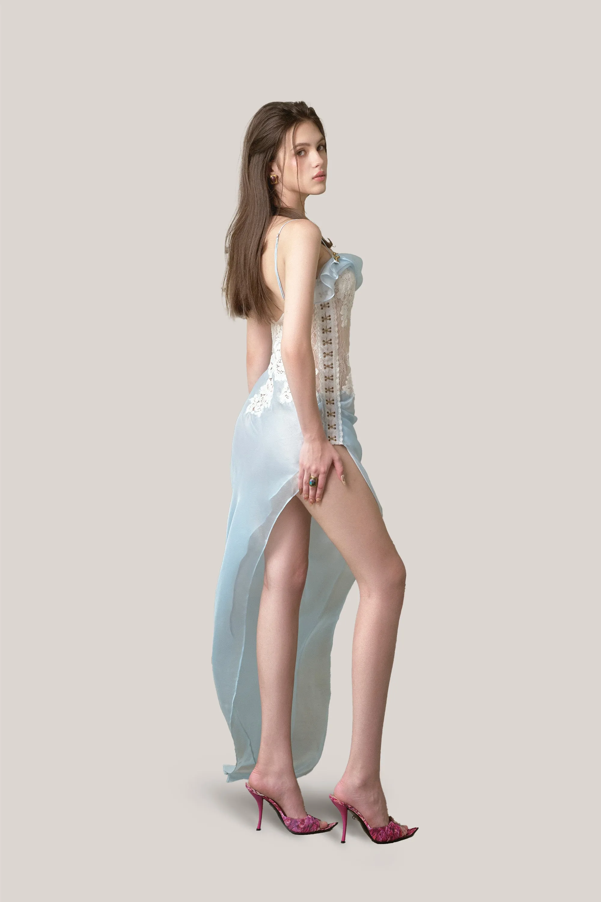 LA VIERGE • Light Blue Ventosa Asymmetrical Maxi Dress