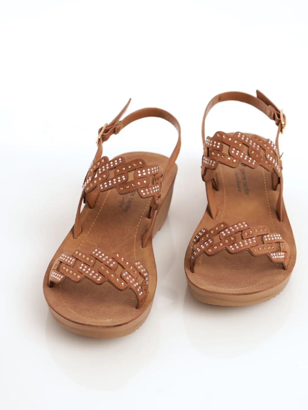 Ladies Double Strap Soft Wedge Heel - Tan