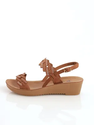 Ladies Double Strap Soft Wedge Heel - Tan