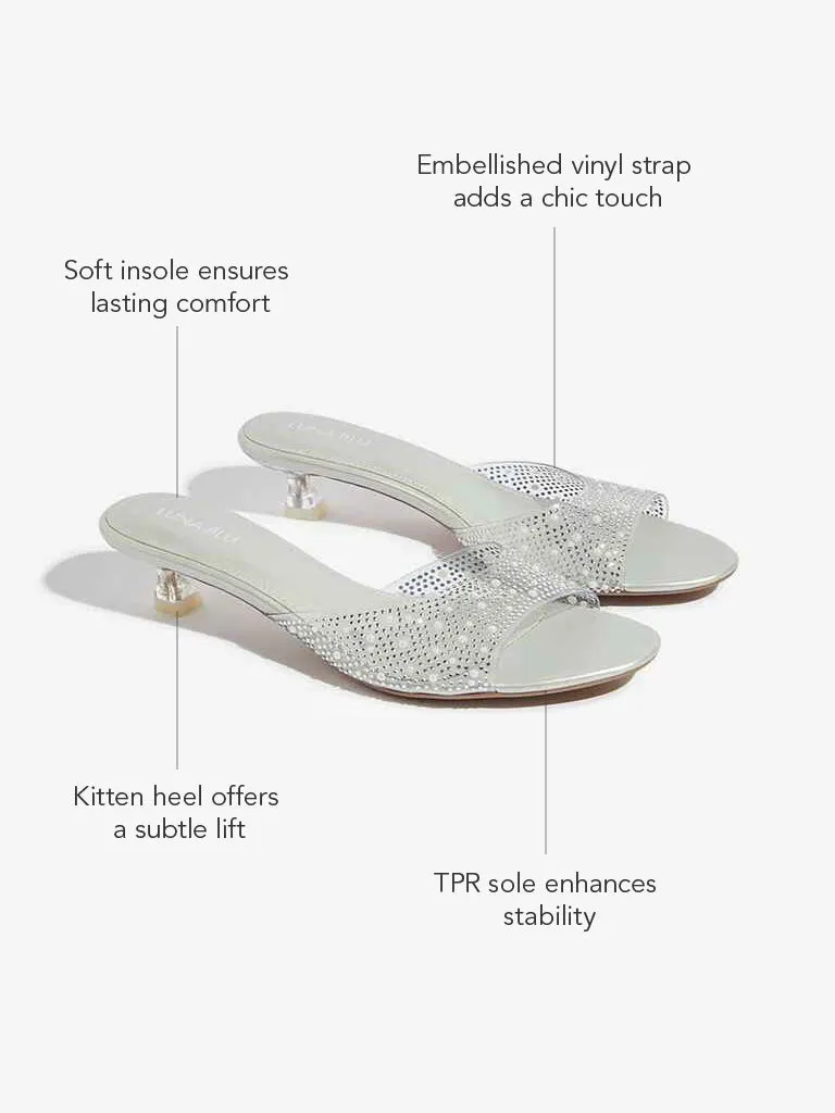 LUNA BLU Silver Embellished Vinyl Strap Heel Sandals