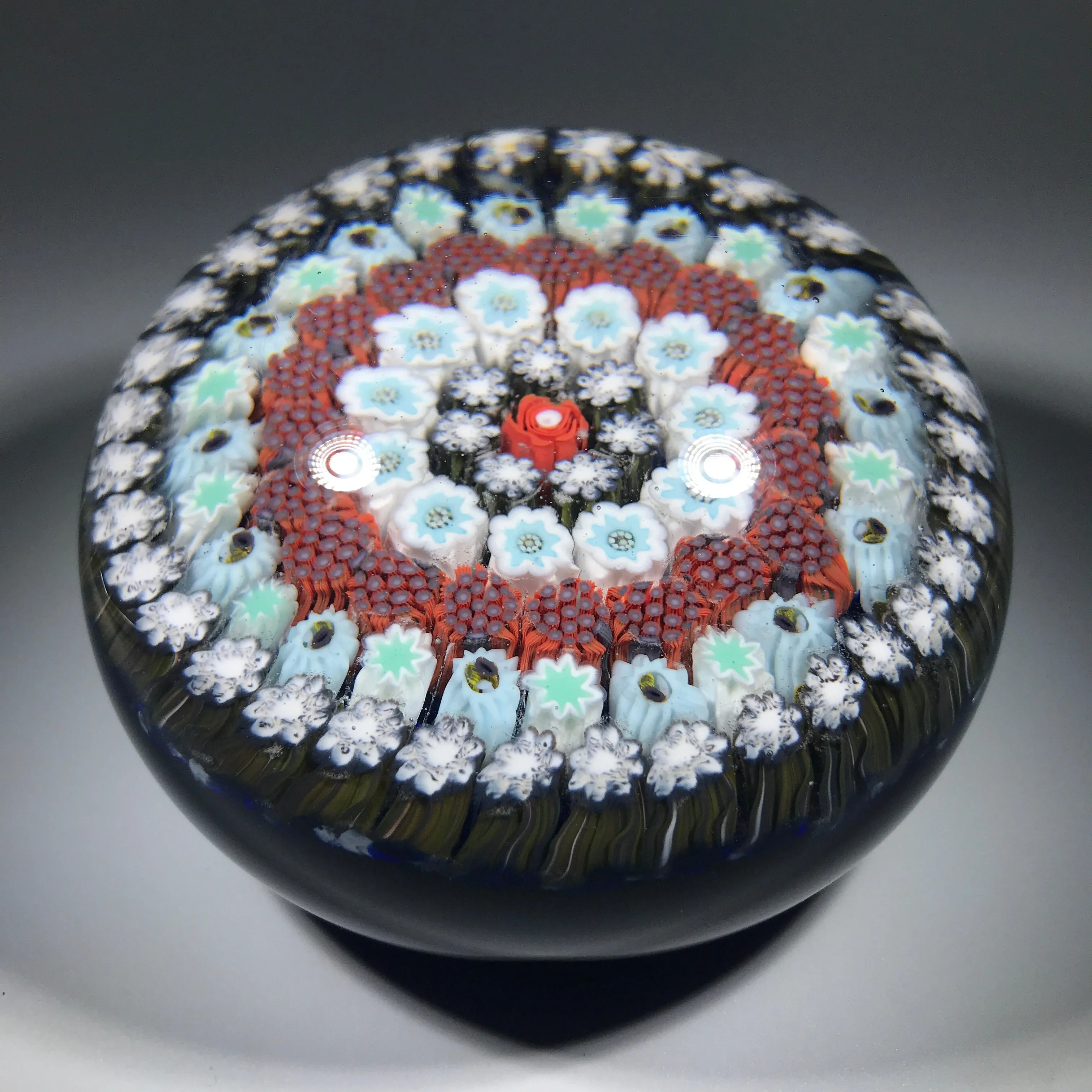 Matt Fimiano 2018 Art Glass Paperweight Concentric Complex Millefiori on Transparent Blue Ground