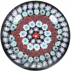 Matt Fimiano 2018 Art Glass Paperweight Concentric Complex Millefiori on Transparent Blue Ground