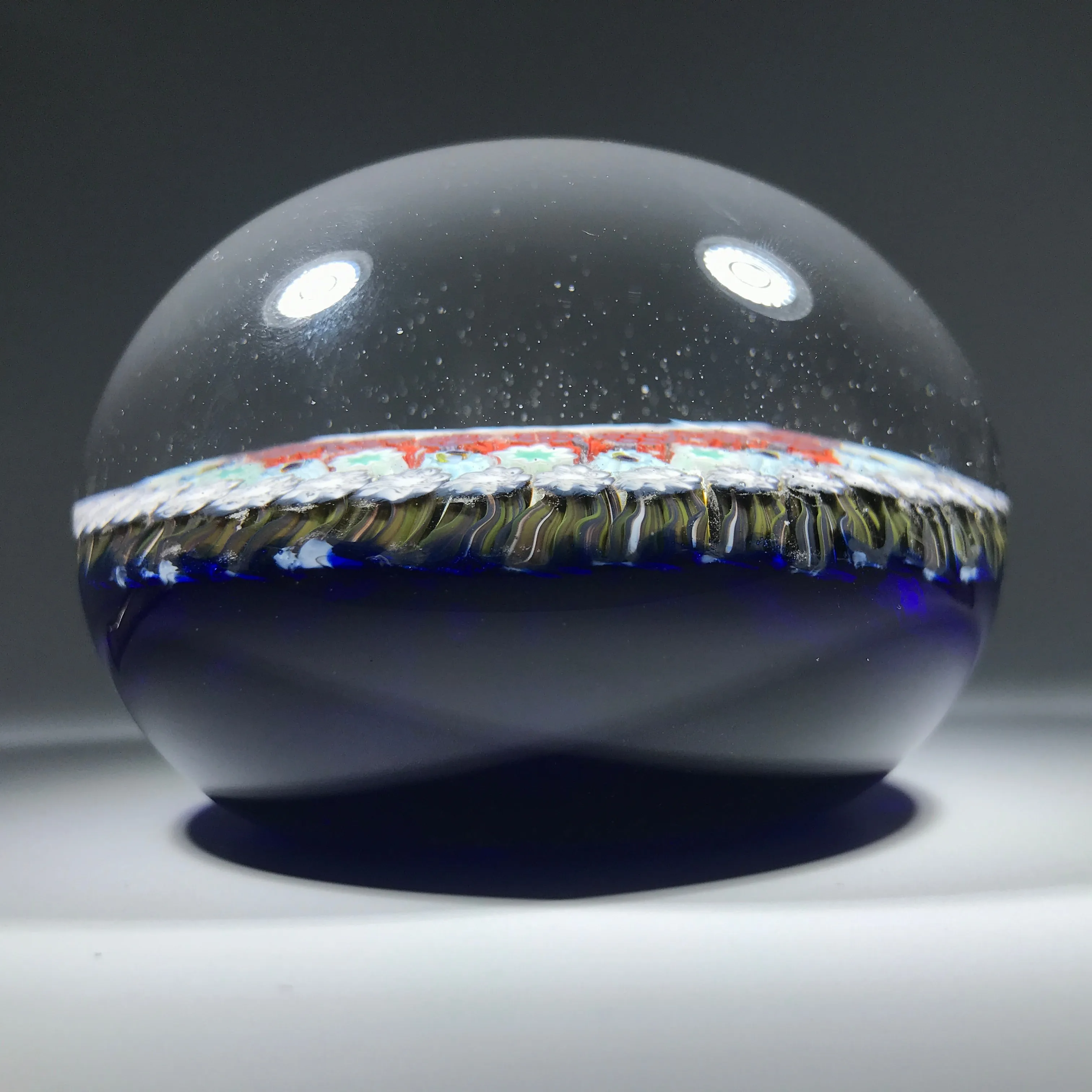 Matt Fimiano 2018 Art Glass Paperweight Concentric Complex Millefiori on Transparent Blue Ground